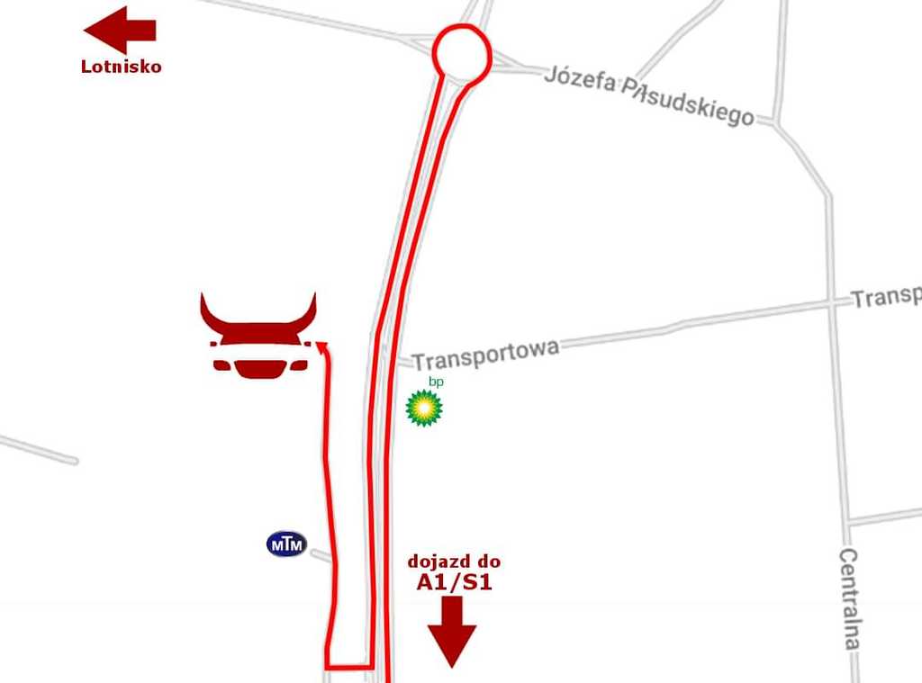 Mapa dojazdu do parkingu Byczy Parking przy lotnisku Katowice-Pyrzowice