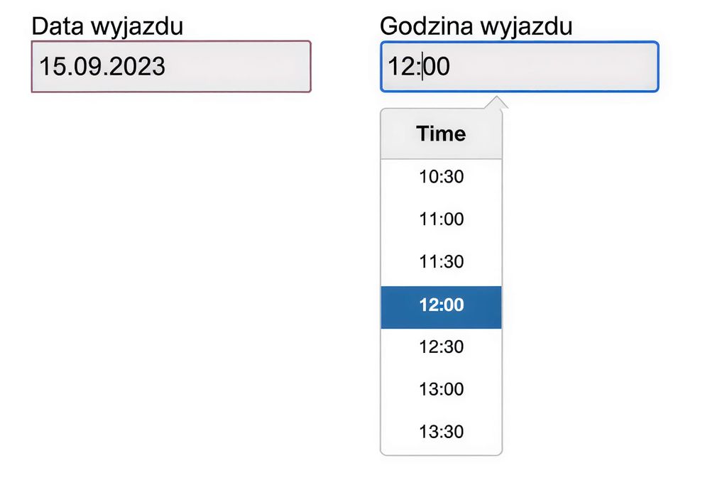 Formularz rezerwacji – wybór godziny wyjazdu z listy