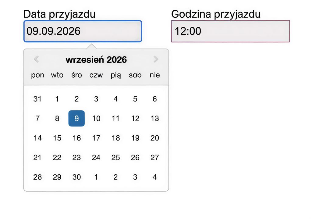Formularz rezerwacji – wybór daty przyjazdu w kalendarzu