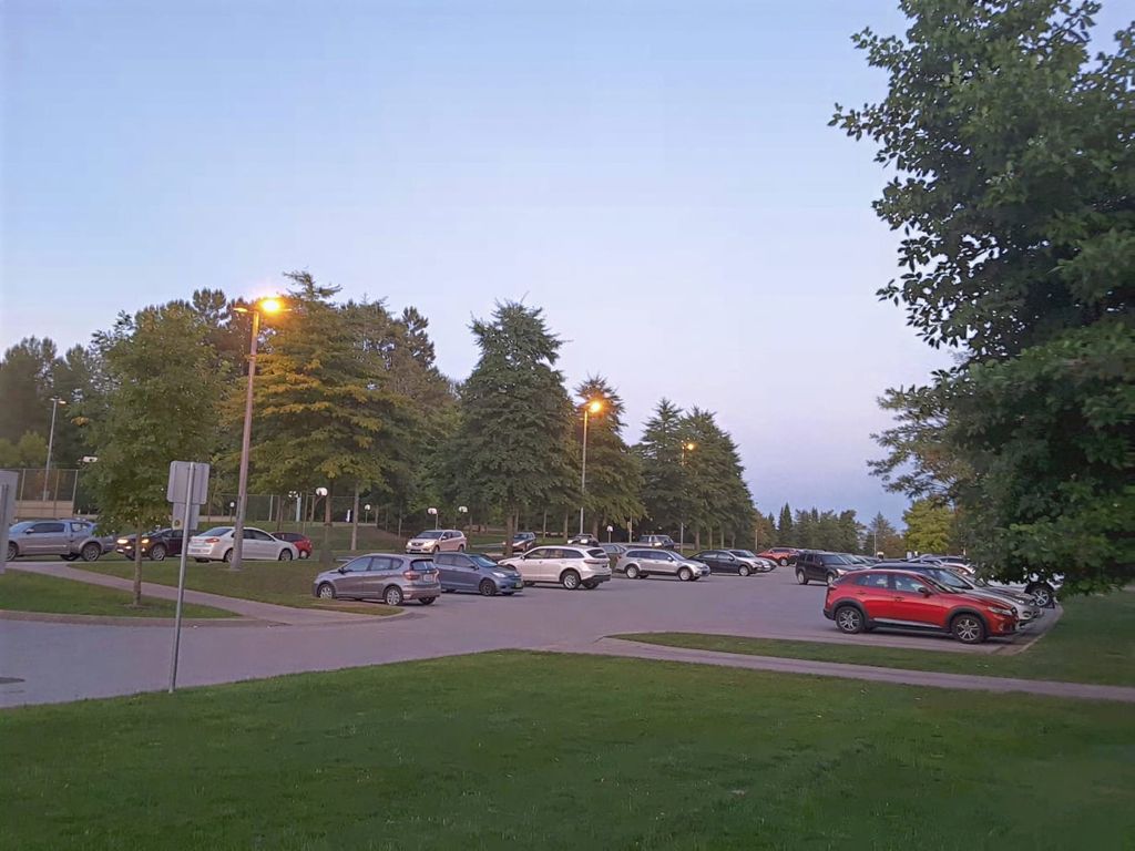Oświetlony parking odkryty wieczorem wśród drzew